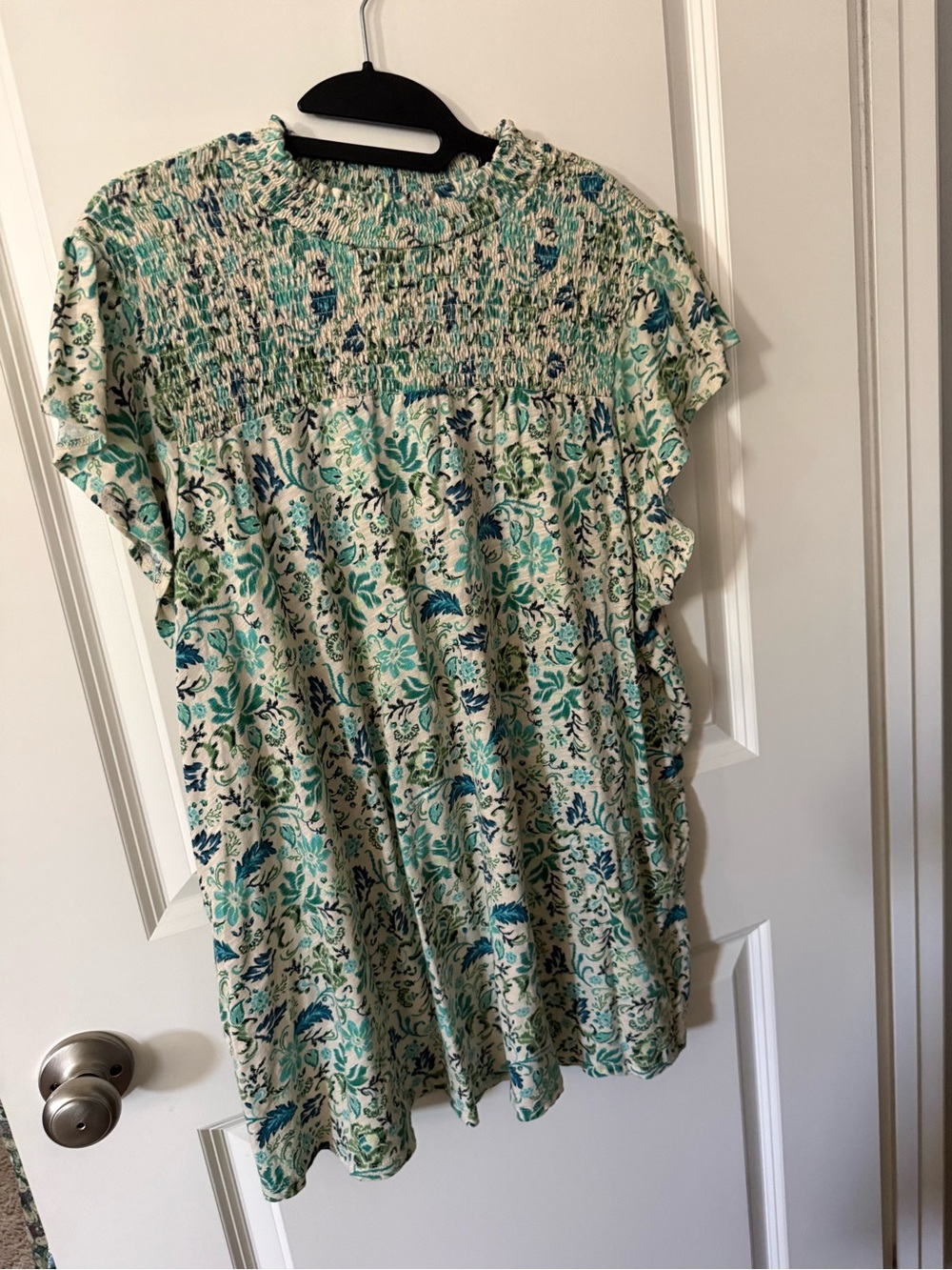 torrid Cream Floral Smocked Flutter Sleeve Top with Green and Blue Print